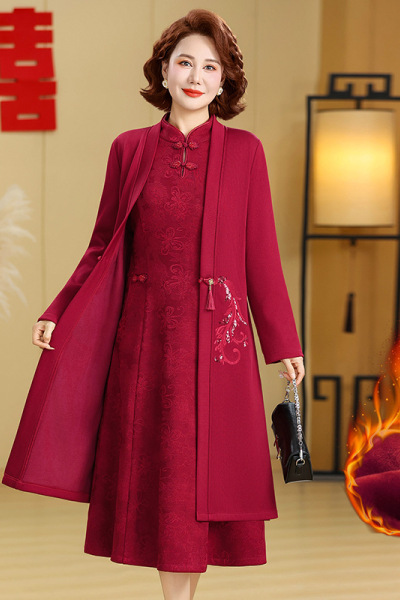 喜婆婆婚宴装冬季加绒中年妈妈连衣裙子两件套中式复古改良旗袍_442