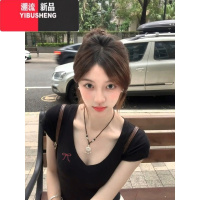 YIBUSHENG蝴蝶结v领正肩短袖t恤女季新款修身显瘦设计感小众短款掐腰上衣