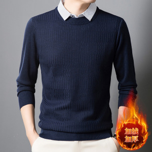 假两件毛衣男加绒加厚冬季新款中年翻领保暖长袖打底男士针织衫_210