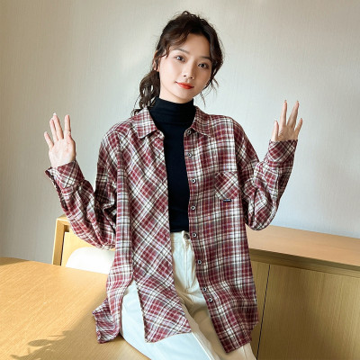 [3件8.5折41.7元,叠加优惠券]唐狮秋冬季衬衫女长袖格子衬衣韩系简约百搭小众开叉设计