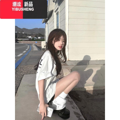 YIBUSHENG美式复古白色短袖T恤女季oversize潮牌情侣装半袖上衣