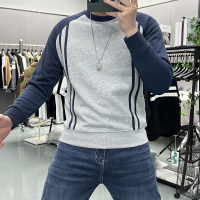 秋冬季男士轻奢加绒加厚简约线条感圆领卫衣情侣款防寒保暖打底衫_153