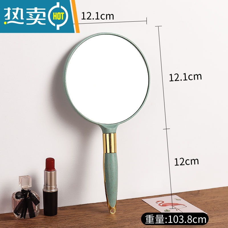 敬平美容院专用化妆镜女手柄高清纹绣手持手拿便携随身木制小镜子 欧式[圆]形镜子-蓝绿色便携式用镜