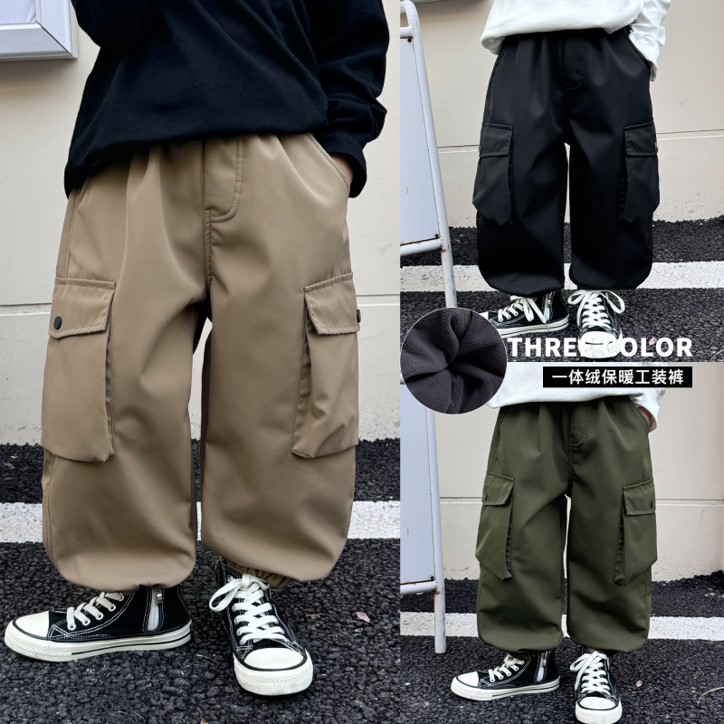 童酷儿童冬款湖州织里童装百搭纯色长裤保暖一体绒男童工装裤