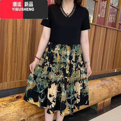 YIBUSHENG季新款优雅妈妈装裙子洋气V领拼接花色宽松遮肉显瘦气质连衣裙