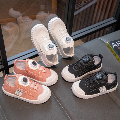 儿童帆布鞋女童春秋百搭休闲单鞋学生旋转扣透气白色表演鞋小男孩_1_665