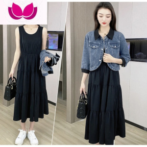 七斓2023新款牛仔短款外套女气质收腰显瘦背心连衣裙盐系套装