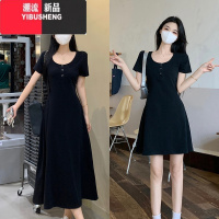 YIBUSHENG大码女装微胖MM短袖连衣裙季收腰显瘦黑色长裙小众气质包臀裙子