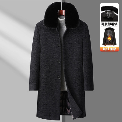 冬季新款长款加绒加厚脱卸毛领大衣风衣中老年男士保暖外套爸爸装