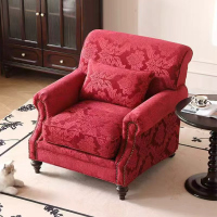 美式软包实木休闲沙发椅家用民宿公寓客厅单人带靠背带扶手单人位