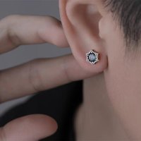 s925银针彩锆六边形耳钉螺丝拧扣新款潮男女耳环甜酷痞帅耳蜗耳饰送女朋友老婆情人节七夕生日礼物