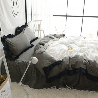 简约公主风少女心纯棉四件套全棉1.8m床双人荷叶边被套床笠床裙款