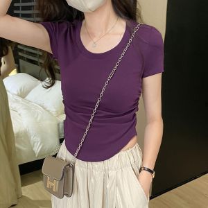 含棉 纯色U领短袖T恤女抽褶不规则设计感夏季新款百搭修身上衣INS
