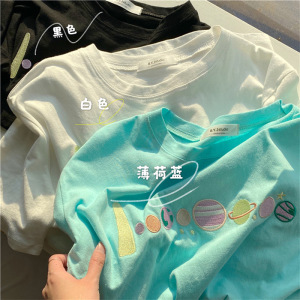 刺绣短袖T恤女韩国女装新款宽松学生圆领打底衫上衣
