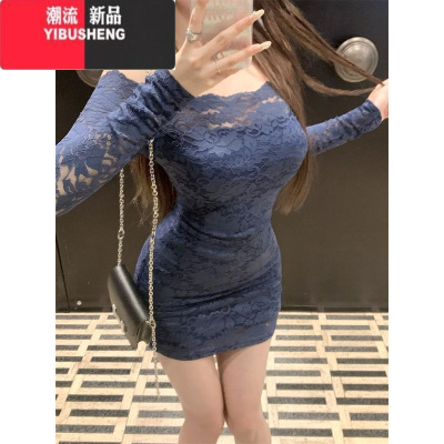 YIBUSHENG一字肩长袖连衣裙女季纯欲风蕾丝气质裙子收腰紧身包臀短裙潮