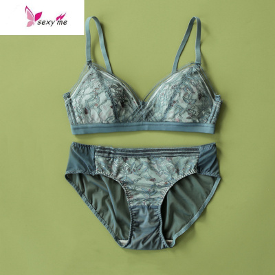 夏季薄款法式内衣小胸聚拢三角杯文胸无钢圈少女蕾丝超薄文胸套装FISHBASKET