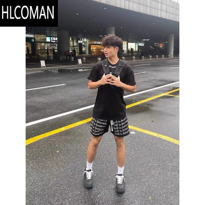 HLCOMAN美式高街字母满印抽绳短裤男夏网眼篮球运动裤复古宽松休闲四分裤