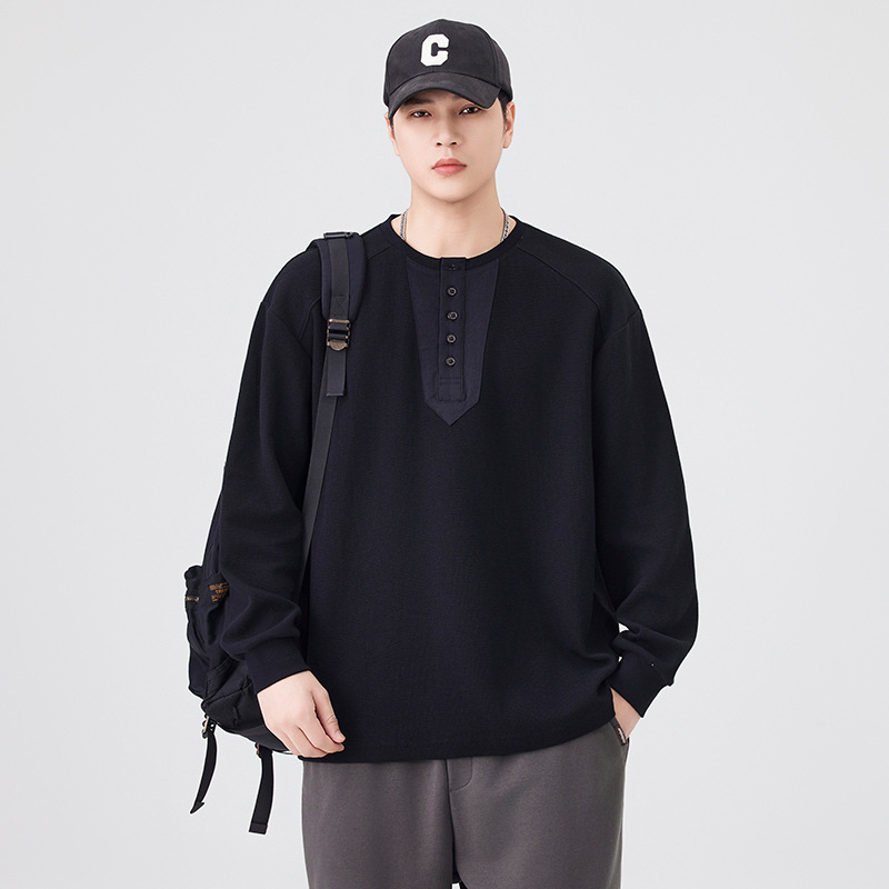 港风高品质秋季领口设计男士圆领卫衣长袖打底衫韩版套头