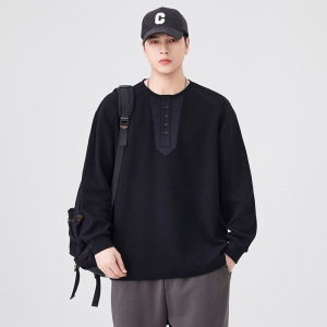 港风高品质秋季领口设计男士圆领卫衣长袖打底衫韩版套头