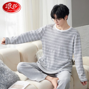 浪莎(LangSha)男士睡衣男春秋冬季圆领套头家居服套装宽松大码可外穿两件套
