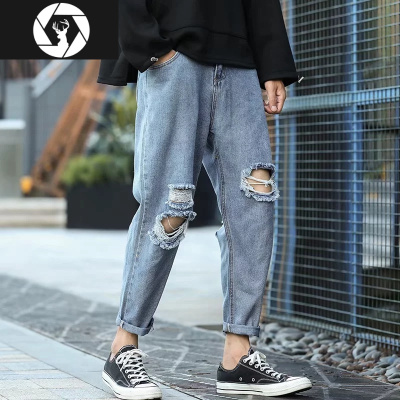 HongZun秋季港风乞丐破洞裤男士牛仔裤韩版潮流宽松哈伦裤潮牌百搭休闲裤休闲裤