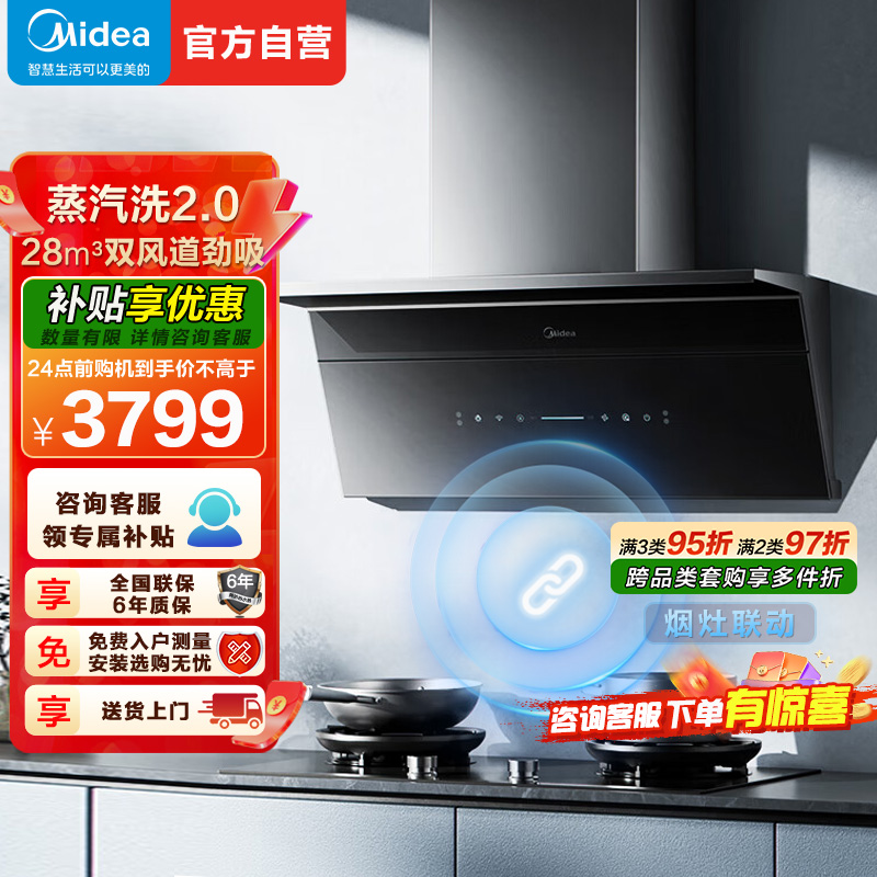 美的(Midea)蒸汽洗2.0小西梅吸油烟机28量超薄顶侧一体MAX双风道侧吸自清洁CXW-140-AK11