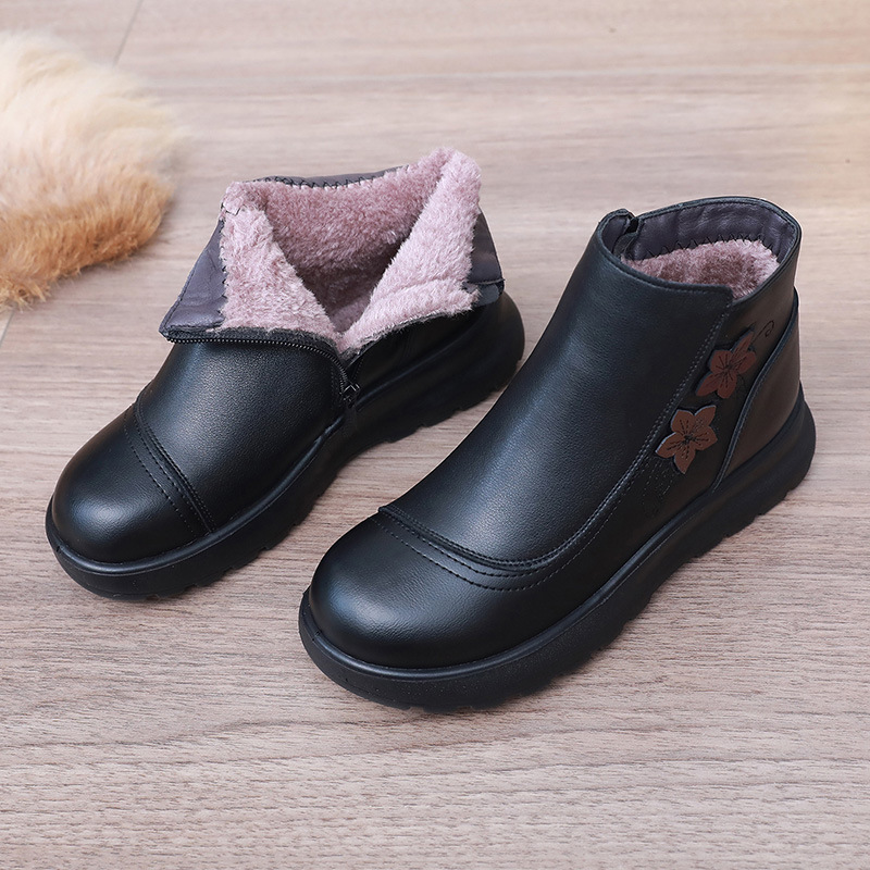 复古花朵妈妈鞋加绒加厚短筒靴子宽松圆头防水保暖女士防滑皮棉鞋