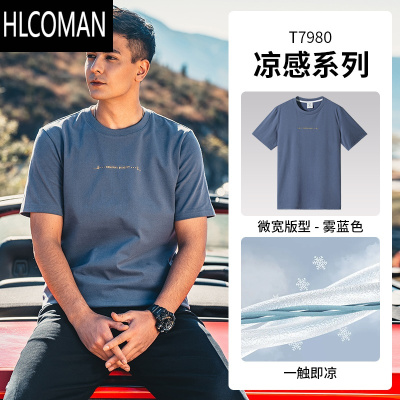 HLCOMAN 爽滑丝光棉短袖男刺绣T恤简约半袖圆领夏季冰丝打底衫体恤