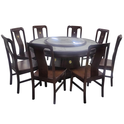 亿铁(YI TIE)中式餐桌岩板圆桌带转盘配八把椅子