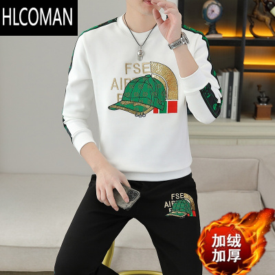 HLCOMAN卫衣男长袖t恤套装圆领加绒体恤裤子青年帅气加厚时尚上衣