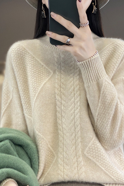 纯色加厚半高领针织衫女2023秋冬季新款宽松提花打底保暖长袖毛衣