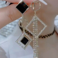 黑色几何菱形不对称耳环新款复古气质长款流苏耳饰时尚耳钉耳坠女送女朋友老婆情人节七夕生日礼物
