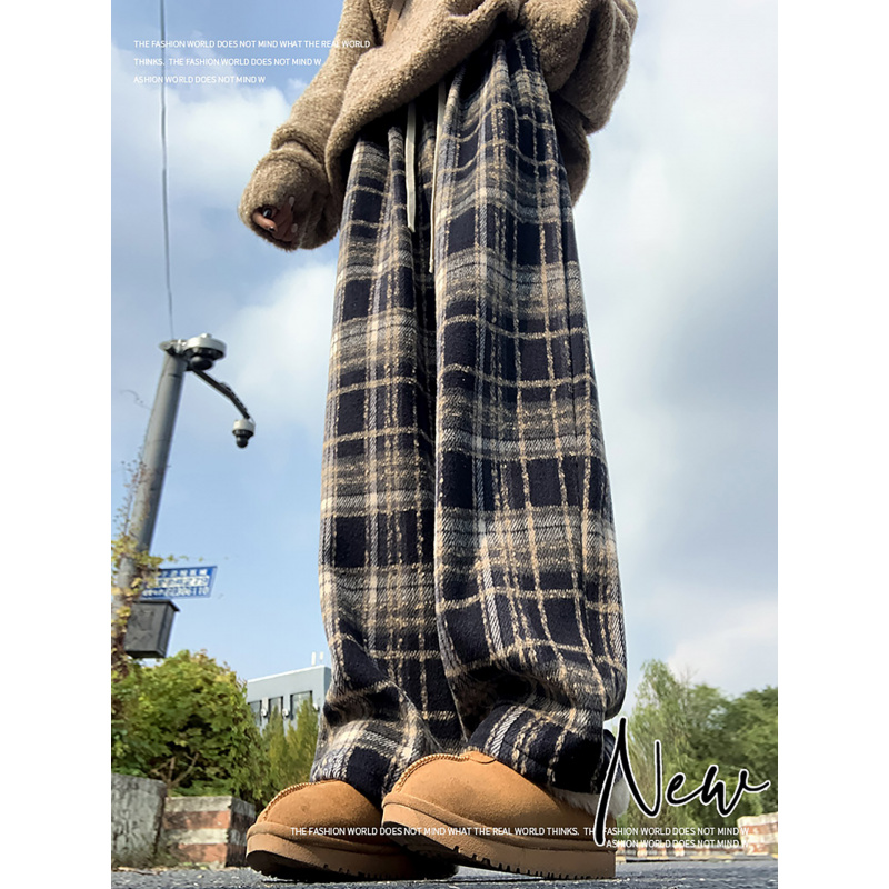 加厚格子裤女冬新款加绒裤子高腰垂感休闲毛呢休闲直筒阔腿裤