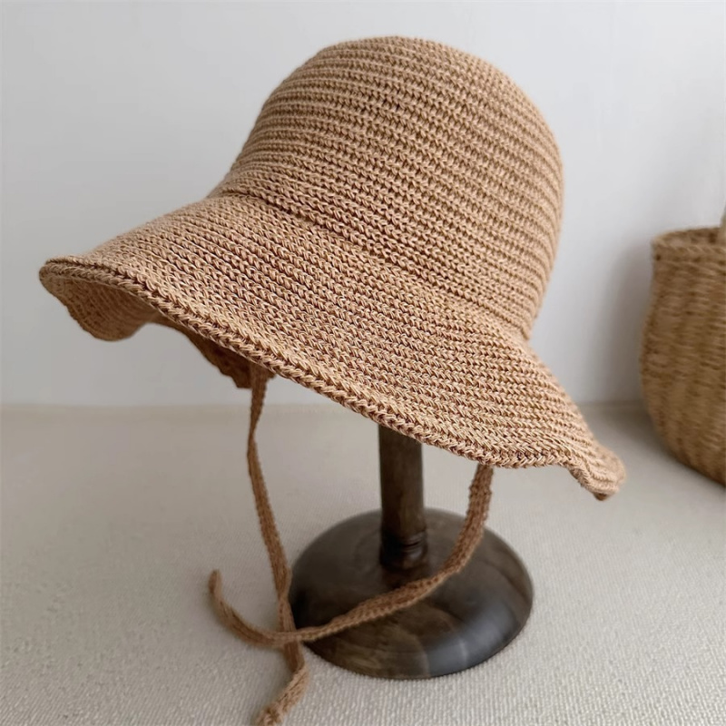 韩国东大针织防晒渔夫草帽夏季百搭系带出游大檐遮阳帽太阳帽子