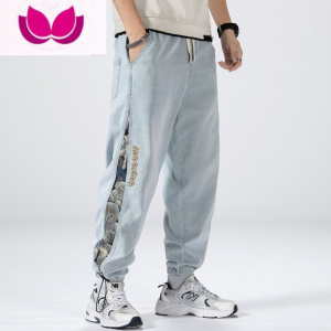 七斓牛仔裤男复古拼接小熊设计感高街夏季工装裤子潮牌薄款九分束脚裤