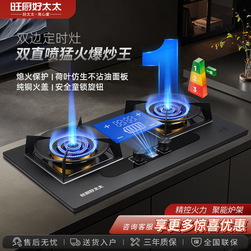 旺厨好太太 5.2KW磨砂直喷猛火灶 定时燃气灶家用炉灶 大火力煤气灶灶具双灶双眼灶液化气灶 打火灶企业价
