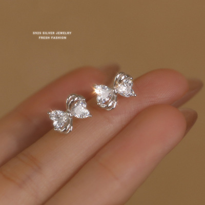 s925纯银甜美蝴蝶结耳钉女轻奢闪亮锆石精致时尚耳饰潮流百搭批发送女朋友老婆情人节七夕生日礼物