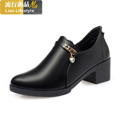 妈妈鞋舒适女防滑软底单鞋中老年人女鞋中跟休闲粗跟工作鞋黑皮鞋知义(ZHIYI)休闲鞋
