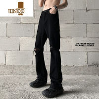 YANXU纯黑色破洞牛仔裤男款美式高街vibe风裤子夏季痞帅微喇修身直筒裤