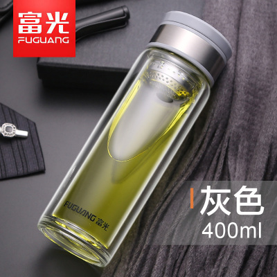 富光（FGA）大容量玻璃杯便携单层泡茶杯男透明双层加厚水杯子双层灰色400ml（送杯套杯刷）
