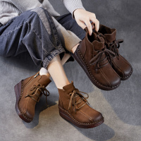 秋冬新款文艺复古手工真皮圆头短靴坡跟软底妈妈鞋增高厚底靴