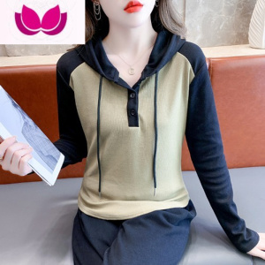 七斓设计感连帽打底衫女士春装新款修身显瘦别致小众拼色长袖t恤上衣