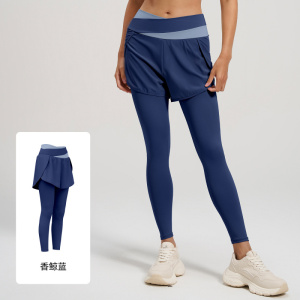 拼色假两件瑜伽裤防走光跑步高腰收腹裸感运动瑜伽裤女