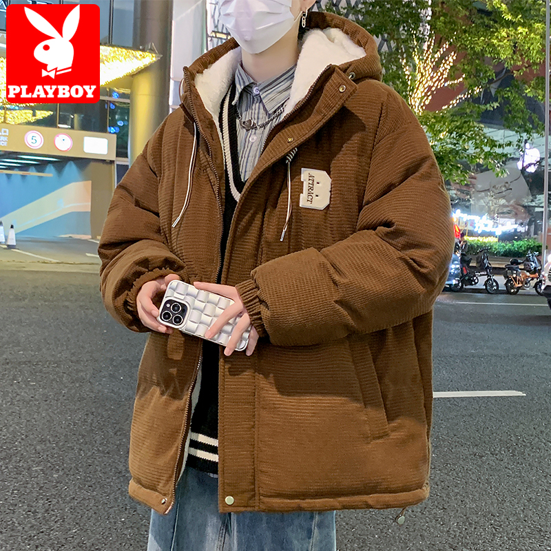花花公子灯芯绒棉服男款冬季加厚加绒羊羔毛棉衣潮牌宽松连帽外套