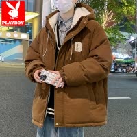 花花公子灯芯绒棉服男款冬季加厚加绒羊羔毛棉衣潮牌宽松连帽外套