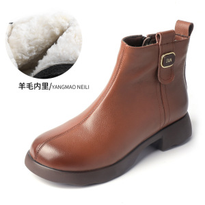 真皮棉鞋冬季新款英伦复古侧拉链粗跟靴羊毛内里马丁靴女短靴