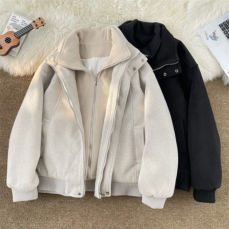 春秋季新款假两件夹克男潮流痞帅上衣美式宽松毛呢夹克连帽男外套