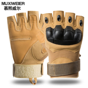 慕熙威尔 男士战术半指手套军迷露指格斗拳击户外骑行机车摩托开车运动硬壳防护防滑漏指手套钓鱼