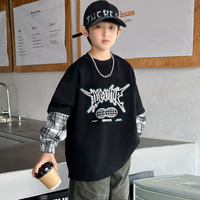 儿童装男童秋装假两件卫衣新款中大童春秋款男孩帅气秋季上衣