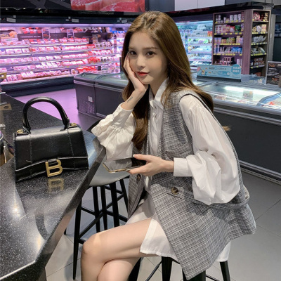 再说单件/套装2021春秋宽松套装女灯笼袖衬衫格子西装马甲两件套